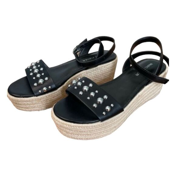 Marc Fisher Joyce Platform Espadrille Sandals Black Vegan Leather Silver Stud An - Picture 4 of 10